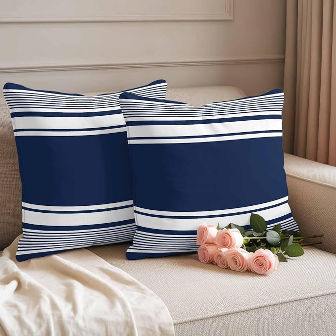 Outdoor Waterproof Throw Pillow Covers, Navy Blue Striped Decorative Pillow Cases, Modern Color Block Farmhouse Stripes Couch Pillow Protector Patio Sofa Cushion Covers Replacement 24"x24" 2 Pack