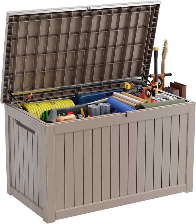 PatioZen 280 Gallon Resin Deck Box, Lockable Outdoor Storage Box for Patio Cushions Storage Furniture,Garden Tools, Pool Supplies, Weatherproof and UV Resistant (Grey)