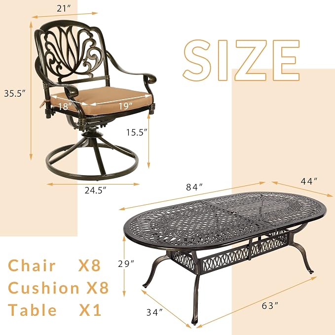 9-Piece Patio Dining Set, Oval Cast Aluminum Dining Table & 8 Swivel Chairs with Umbrella Hole