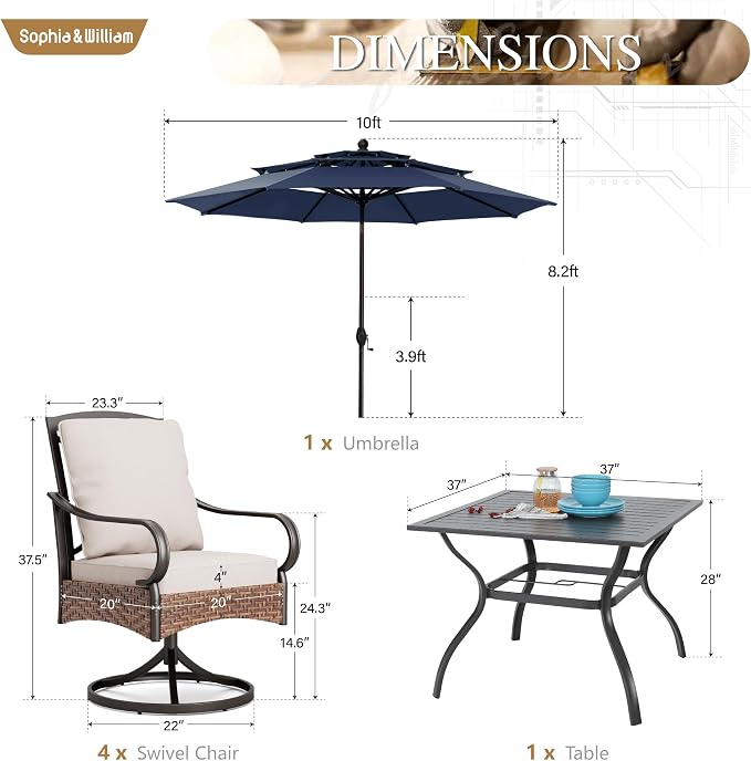 Sophia & William Patio Dining Set with 10ft 3 Tier Auto-tilt Beige Umbrella, 6 Piece Outdoor Table and Chairs with 4 Padded Swivel Rocker Dining Chairs, 1 Square Metal Table and 1 Umbrella Navy Blue