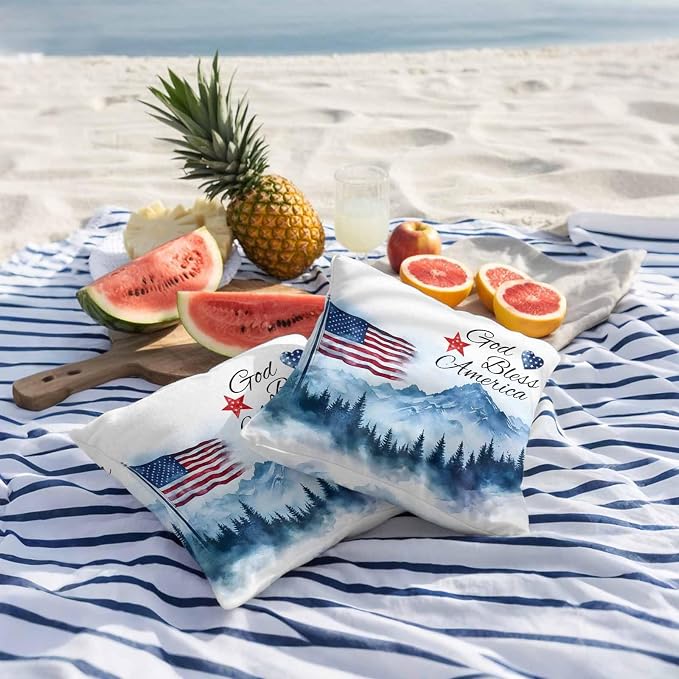 4th of July American Flag Outdoor Pillow Covers 26x26 Inch Throw Pillow Covers Set of 2 Waterproof Decorative Pillow Cases Independence Day Forest Cushion Covers for Patio Furniture Garden Couch Sofa