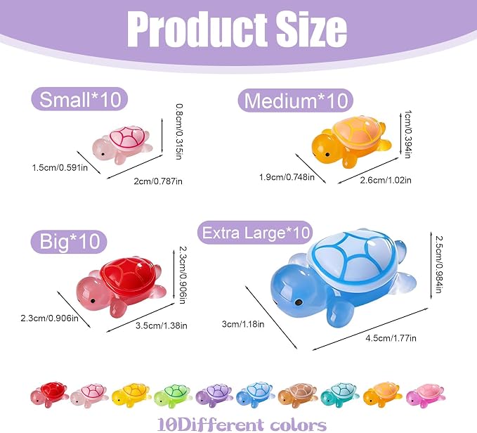 40PCS Mini Resin Turtles, Small Colorful Turtle Figurines Bulk Set | Tiny Resin Animals for Ocean Theme Party Decor, DIY Crafts, Cake Toppers (10 Vibrant Colors)