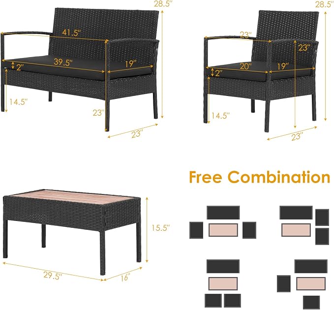 Tangkula 8 Piece Patio Rattan Conversation Set, Outdoor Wicker Sofa Furniture with Loveseat & 2 Single Chairs, Acacia Wood Tabletop, Outside Sectional for Poolside, Deck, Garden (2, Black)