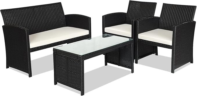 HAPPYGRILL 4pcs Patio Furniture Set Rattan Wicker Conversation Set Outdoor Sofa Wicker Table & Chair Set with Cushions for Garden Lawn Pool Backyard