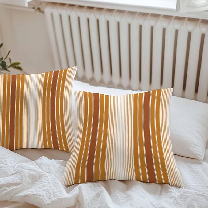 Outdoor Waterproof Throw Pillow Cover, Modern Minimalist Ombre Stripe Decorative Pillows Cushion Covers, Rustic Brown Orange Style 2 Pack Pillow Cases for Patio Garden Balcony Couch Sofa 20x20in