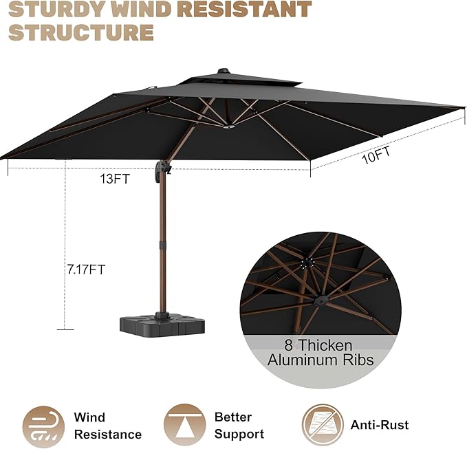 10x13FT Cantilever Outdoor Patio Umbrellas with Base, Double Top Wood Pattern Rectangle Umbrella, Heavy Duty 360°Rotation Offset Umbrella for Garden Deck Pool Patio, Black