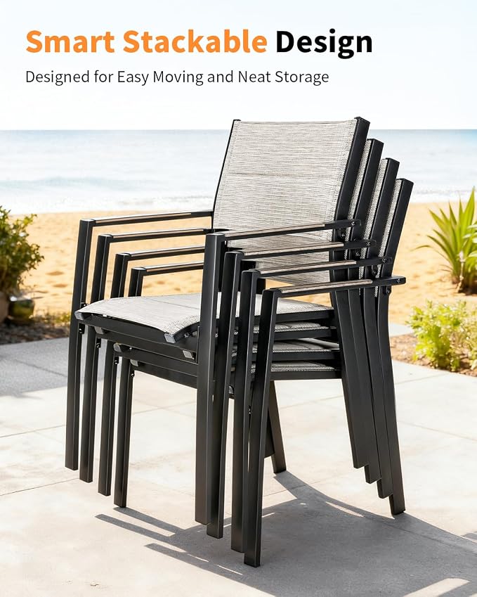 5 Pieces Outdoor Dining Set, Never-Rust Aluminum Expandable Patio Dining Table Set, 32"-65" Extendable Patio Table and Stackable Textilene Dining Chairs for Backyard, Deck, Indoor, Limed Oak