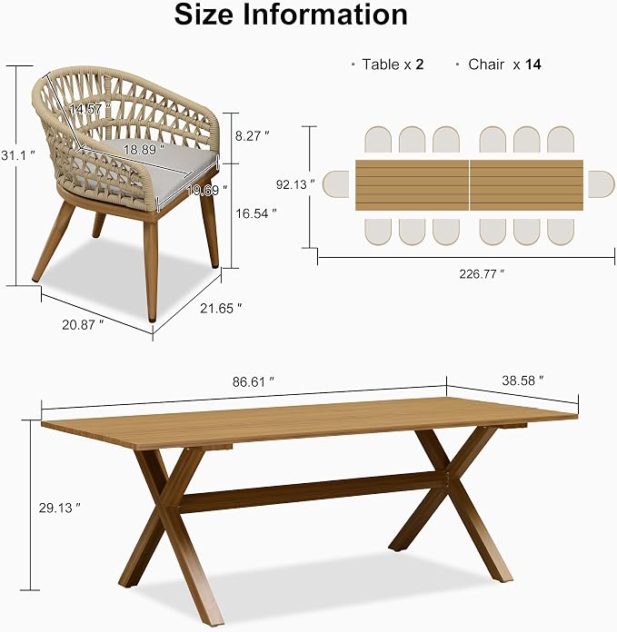 PURPLE LEAF 16 Pieces Outdoor Dining Set All-Weather PE Rattan Outdoor Patio Furniture Set with All Aluminum Frame Rectangular Table and Chairs Set for Lawn Garden Backyard Deck, Teak