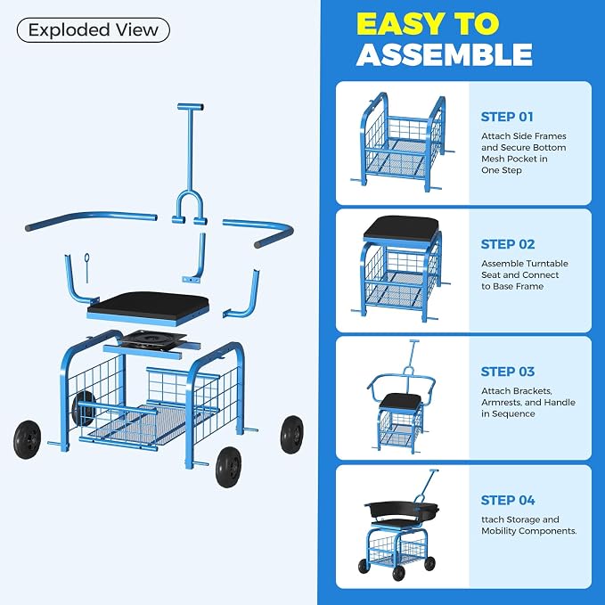Suntee Garden Seat with Wheels, Rolling Gardening Stool with 360° Swivel Seat & Backrest,Tool Storage Basket & Back Tool Pouch, Adjustable Handle, Outdoor Gardening Scooter, Garden Cart for Seniors