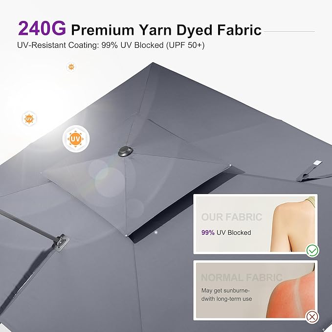 PURPLE LEAF 10FT Cantilever Outdoor Umbrellas Large Patio Umbrella Hanging Double Top Square Offset Umbrella with 360°Rotation Tilting Umbrella Outdoor Patio, Grey