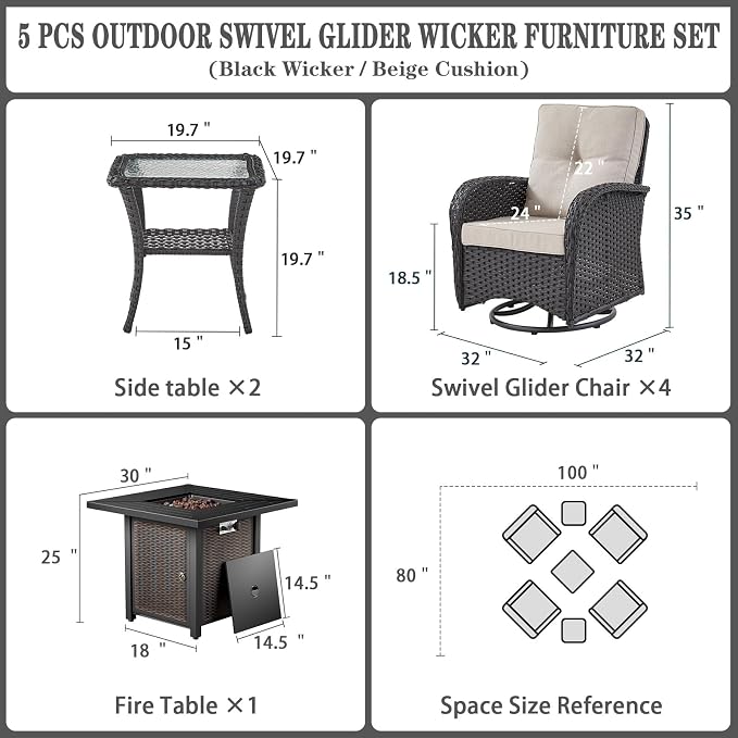 Belord 7 Piece Wicker Patio Furniture Set with 30" Fire Pit Table - Outdoor Swivel Rocker Chairs Set of 4 with Glass Side Tables Set of 2, Patio Conversation Set for Casual Gathering Black/Beige
