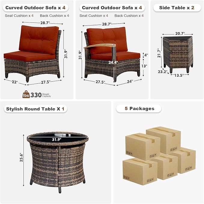 MEISSALIVVE 11-Piece Half-Moon Curved Outdoor Patio Furniture Set, Sectional Conversation Sofa with Wood Armrests, Coffee & Side Tables for Backyard Deck Garden, Red
