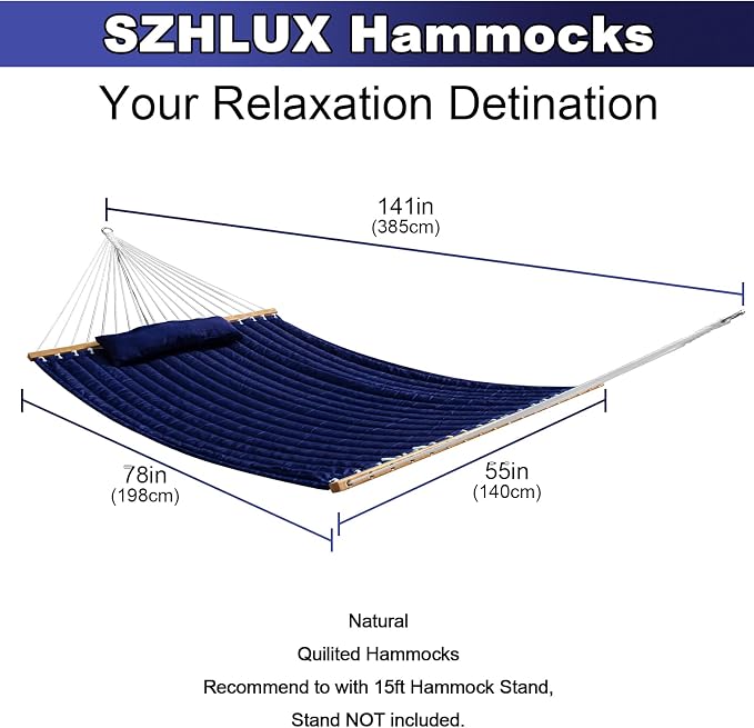 SZHLUX Outdoor Quilted Fabric Hammock with Spreader Bars and Detachable Pillow and Chains,Outdoor Patio Backyard Poolside, 450 LBS Weight Capacity Navy Blue