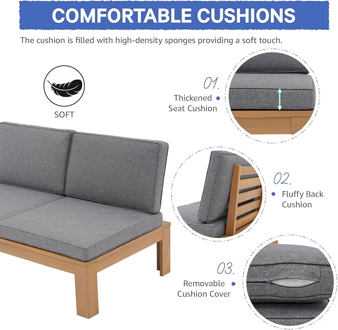 SUNSITT 2 Piece Acacia Wood Patio Furniture Outdoor Loveseat Sofa Set with Adjustable Armrest, FSC Certified L-Shaped Patio Set w/2-in-1 Coffee Table, Grey Cushions for Garden