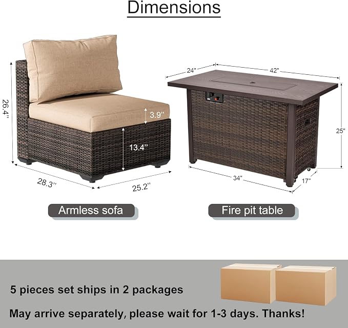 Patio Furniture Set with Fire Pit Table, Outdoor Sectional Rattan Sofa Set, Patio Set Seating Furniture with Thickened Cushions (Beige, 5 Pieces)