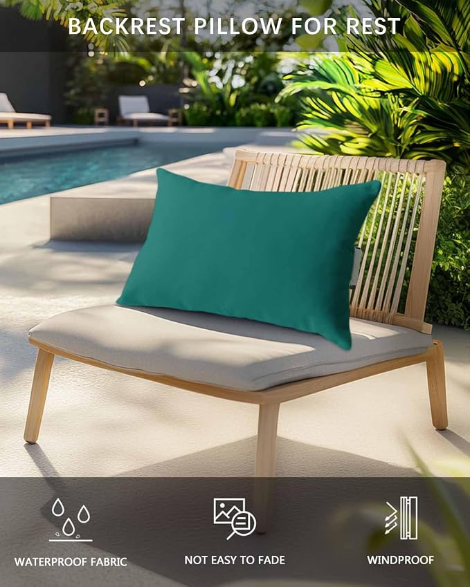 Outdoor Pillow for Lounge Chair with Strap & Insert Green Recliner Head Pillow Solid Green Color Waterproof Headrest Patio Lumbar Pillows for Beach Pool Office Chaise Chair 12x20 Inch