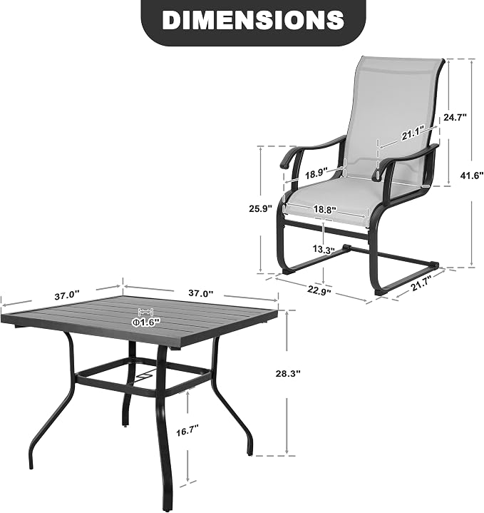 NUU GARDEN 5 Piece Patio Dining Set for 4 with C-Spring Chairs | Square table with umbrella hole and 4 breathable Textilene chairs featuring gentle C-spring motion and high-back support.