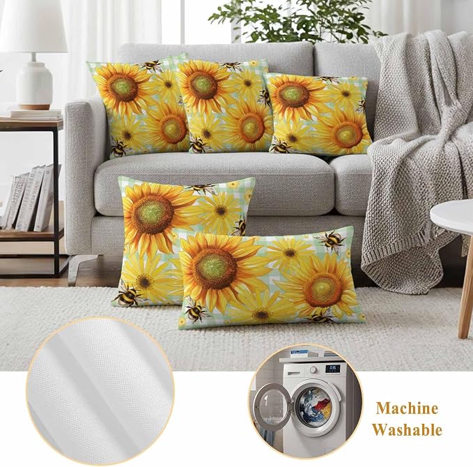 Outdoor Throw Pillow Covers,Pastoral Sunflower Bee Waterproof Decorative Pillowcases Cushion Cover Spring Daisy Floral Buffalo Plaid Pillow Cases for Patio Couch Sofa Bed,24x42in Set of 2