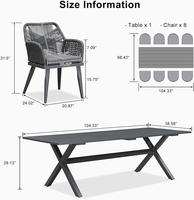 PURPLE LEAF Outdoor Patio Dining Set All-Weather PE Rattan Furniture Set with All Aluminum Frame Rectangular 9 Pieces Table and Chairs Set for 8 People Lawn Garden Backyard Deck, Grey