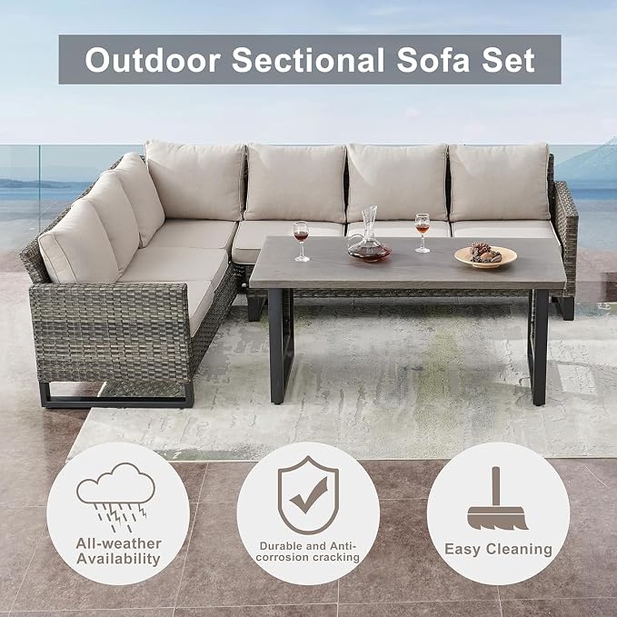 Belord Patio Sectional Furniture Set with Fire Pit Table: 8 Pieces Wicker Patio Conversation Set with L Shaped Sofa, Outdoor Swivel Glider Rocker, Rattan Ottomans, Removable Cushions Beige