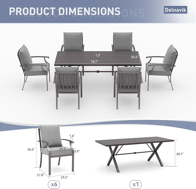 Kurapika 7 Piece Patio Dining Set Outdoor Furniture, Metal Patio Furniture Set 6 Fixed Chairs and Large Table with Umbrella Cutout for Deck Garden Yard Porch, Grey