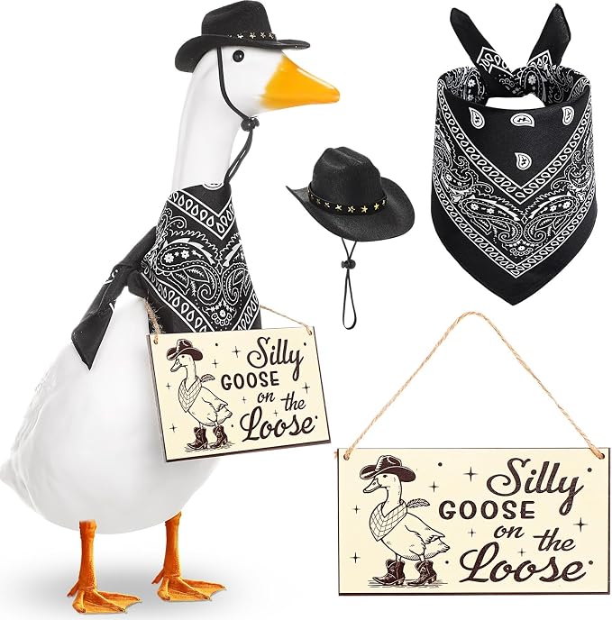 Funny Porch Goose Outfit Decoration Set Silly Goose on The Loose Hangings Sign Cowboy with Outfit Cowboy Hat Bandana for 23" Cement/Plastic Outdoor Statue Patio Yard Lawn Art(Black)