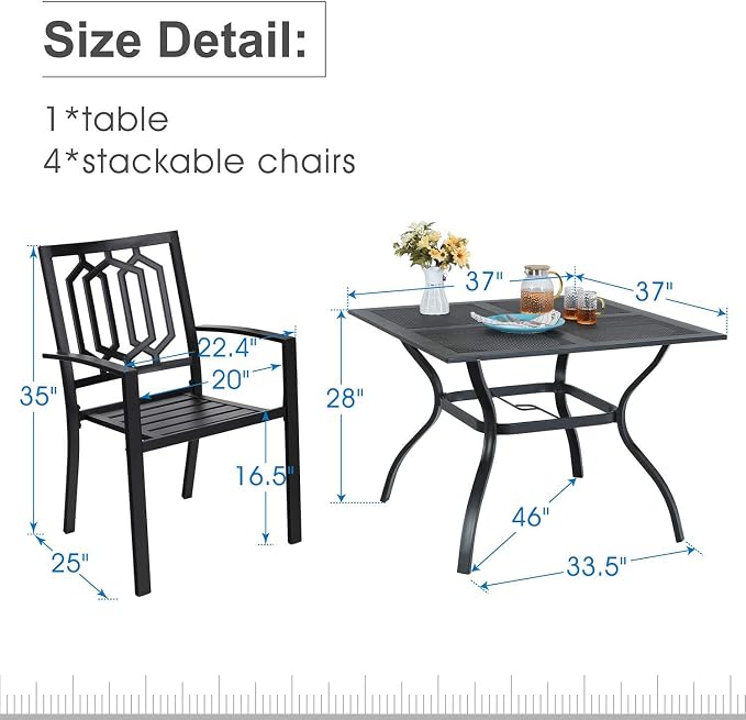 PHI VILLA Patio Dining Set, Stackable Chairs& Square Steel Table | 37” Black Square Steel Table&Stackable Wrought Iron Chairs, Patio Furniture Set for Patio, Deck, Backyard, Porch