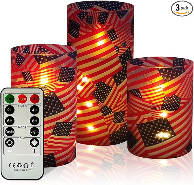 NJAO HOO Flickering Flameless Candles, LED Candles 3D Wick Acrylic Battery Operated LED Pillar Candles with Remote and Timer for Day 4th of July Decor Set of 3(American Flag)