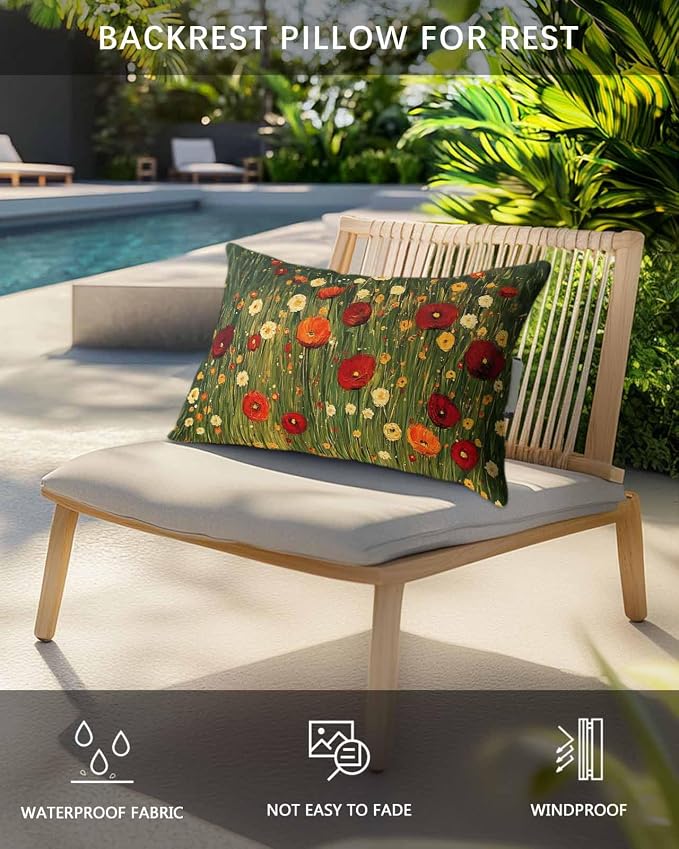 Pack of 2 Outdoor Lumbar Cushions with Inserts, Spring Flowers Oil Painting Texture Waterproof Fluffy Fade Body Pillows, Patio Furniture Pillow for Home Balcony Garden Decor 12x20IN