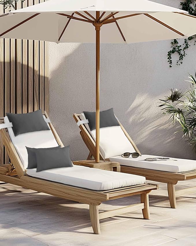 Outdoor Pillow for Lounge Chair with Strap & Insert Dark Grey Pattern Recliner Head Pillow Pure Colour Waterproof Headrest Patio Lumbar Pillows for Beach Pool Office Chaise Chair 12x20 Inch