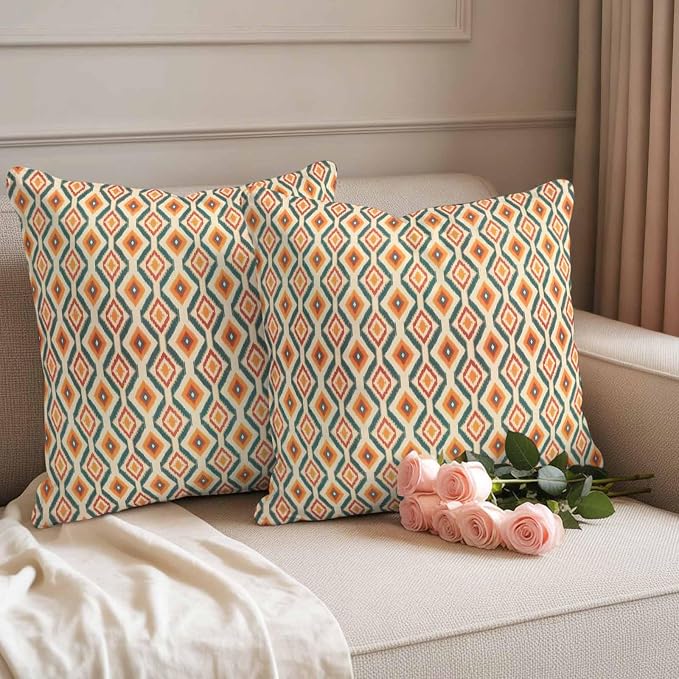 Throw Pillow Covers 16x16 Inch Set of 2, Orange Teal Geometric Waterproof Outdoor Pillow Covers, Southwest Ethnic Country Decorative Cushion Pillowcases for Couch, Sofa, Bed, Garden, Patio