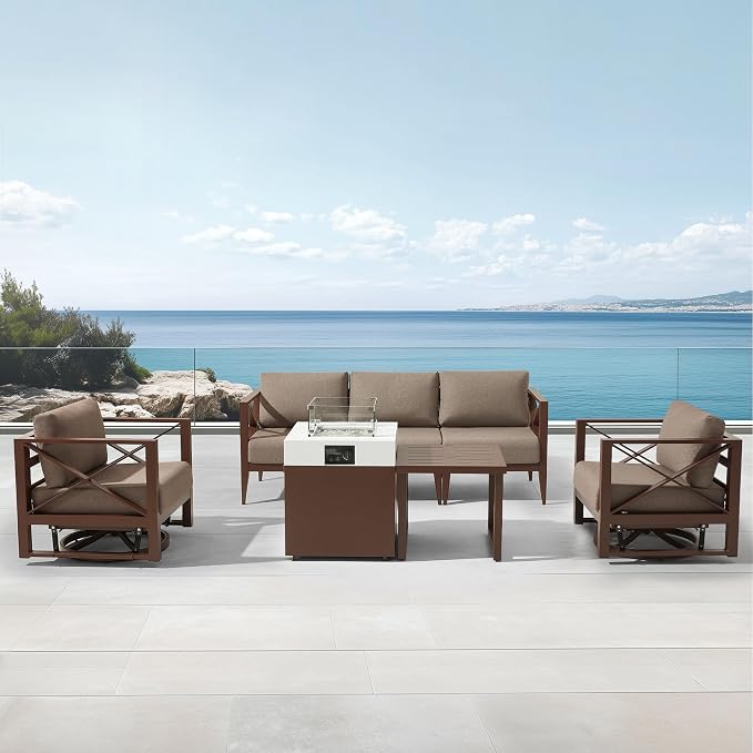 7-Piece Aluminum Patio Furniture Set with Fire Pit Table, Swivel Rocking Chairs & Oversized Sofa, All-Weather Outdoor Conversation Set for Backyard, Deck, Balcony – Brown