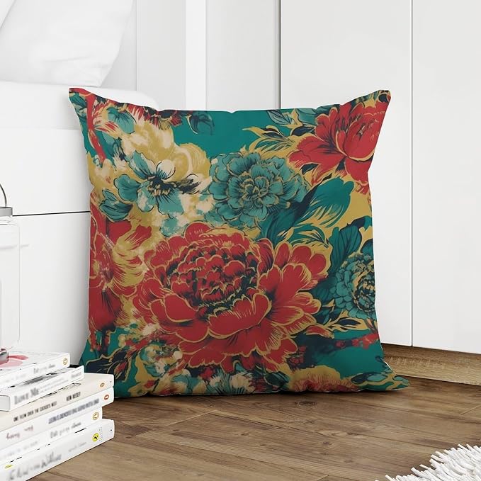 Pillow Cover Animal Tiger Stripe Colorful Chinoiserie Pillowcase Modern Peony Floral Asian Pillow Cover Accent Outdoor Garden Decoration for Patio Couch Tent Sofa 18x18 in