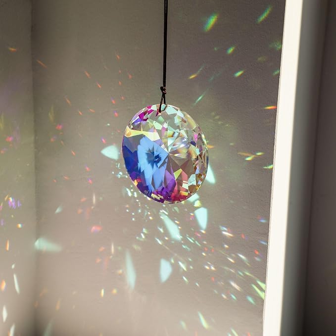 YU FENG 3 Inch Round Crystal Prism Suncatcher, AB Color Rainbow Maker | Faceted Crystal Pendant, Window Hanging Ornament, Chandelier Decor, Christmas Tree Decoration