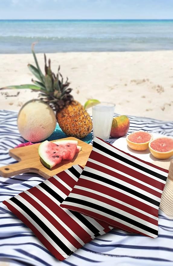 Outdoor Waterproof Pillow Covers for Patio Furniture Red Black and White Stripes Decorative Throw Pillow Cover Farmhouse Stripe Pillowcases Set of 2 Cushion Case for Sofa Couch Chair 24x24 in