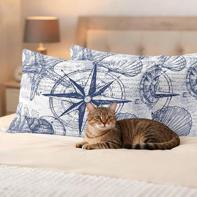 Vintage Nautical Outdoor Waterproof Throw Pillow Covers Set of 2, 20"x12", Summer Navy Blue Compass Shell Starfish Map Decorative Pillow Covers Outside Cushion Case for Patio Porch Garden