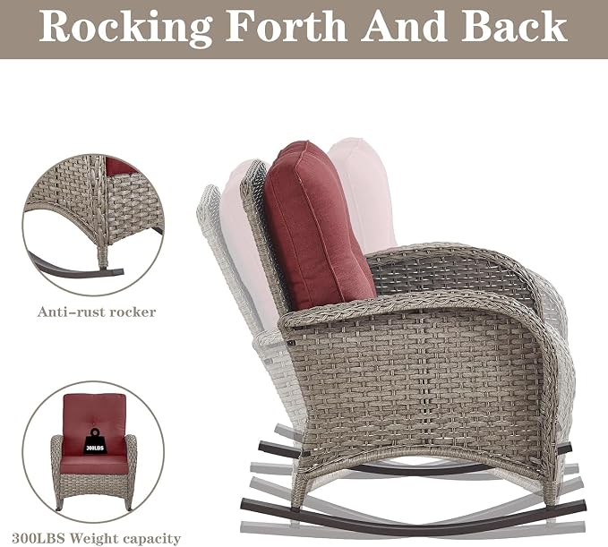 Belord Patio Furniture Set with Fire Pit Table - 8 Piece Outdoor Wicker Furniture Set with 43" 50000 BTU Propane Fire Pit and Rocking Chairs Patio Conversation Set for Deck Outside Backyard Red
