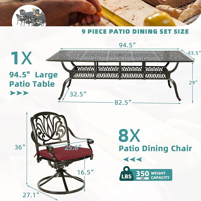 MEETWARM 9-Piece Outdoor Patio Dining Set for 8, All Weather Cast Aluminum Patio Funiture Table and Chairs Set- 94.5” Rectangular Table and 8 Cushioned Swivel Rocker Chairs, Umbrella Hole, Chili Red