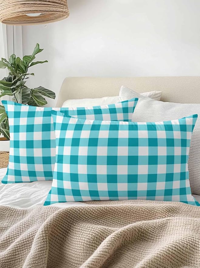 Waterproof Outdoor Pillow Set of 2 Turquoise Buffalo Plaid Decorative Throw Pillows Cover & Insert 20x12 Inch Lumbar Pillowcase Check Lines Pillows for Couch Sofa Bed Patio Furniture Indoor Outdoor