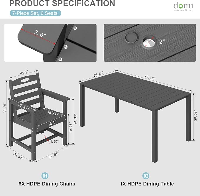 Domi HDPE Outdoor Dining Set, All-Weather 7 Piece Outdoor Dining Table Set with 2" Umbrella Hole, Outdoor Patio Dining Set for Garden, Poolside, Backyard, Deck, Grey