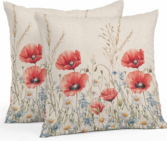 Red Poppy Flower Waterproof Outdoor Pillow Covers Set of 2 Home Decor, Patriotic Botanical Summer Floral Pillowcase Patio Pillow Covers for Couch Bench Furniture Garden 26x26in