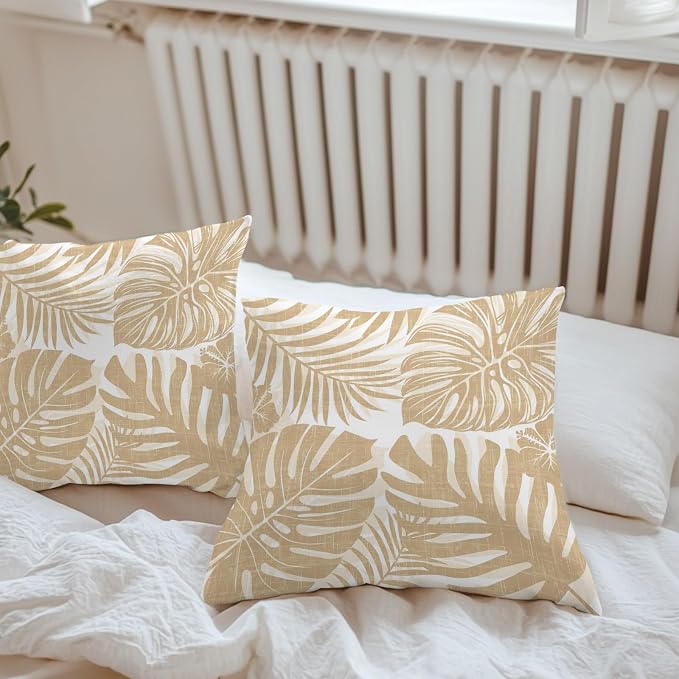 Khaki Palm Leaves Outdoor Pillow Covers 26"x26" Set of 2, Tropical Botanical Minimalist Modern Waterproof Throw Pillow Covers for Patio Furniture, Decorative Cushion Covers for Porch