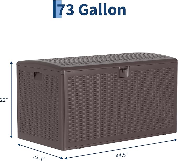 73 Gallon Waterproof Large Resin Deck Box Indoor Outdoor, Lockable Storage Container for Patio Furniture Cushions, Throw Pillows, Garden Tools, and Pool Floats, Brown