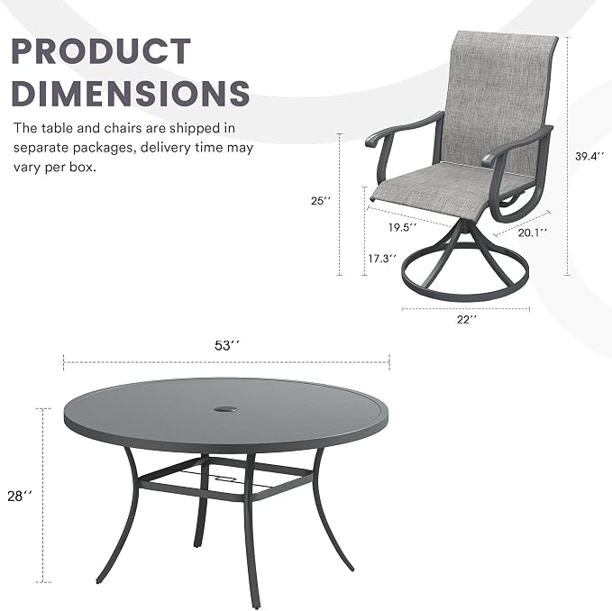 7 Pieces Patio Furniture Dining Set, 6 Textilene Swivel Dining Chairs, 53" Outdoor Round Metal Table with 1.57" Umbrella Hole, Outdoor Dining Set for Porch, Lawn, Garden, Dark Grey/Grey