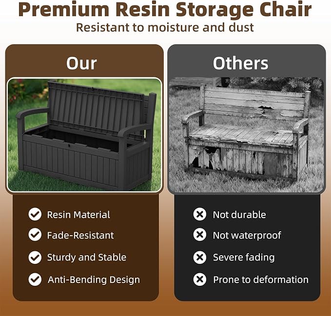 EasyUp 100 Gallon Wood Grain Style Outdoor Storage Bench, Waterproof and Lockable Deck Box Outdoor Storage Furniture for Patio,Garden,and Porch – Perfect for Storing Garden Tools and Cushions(Black)