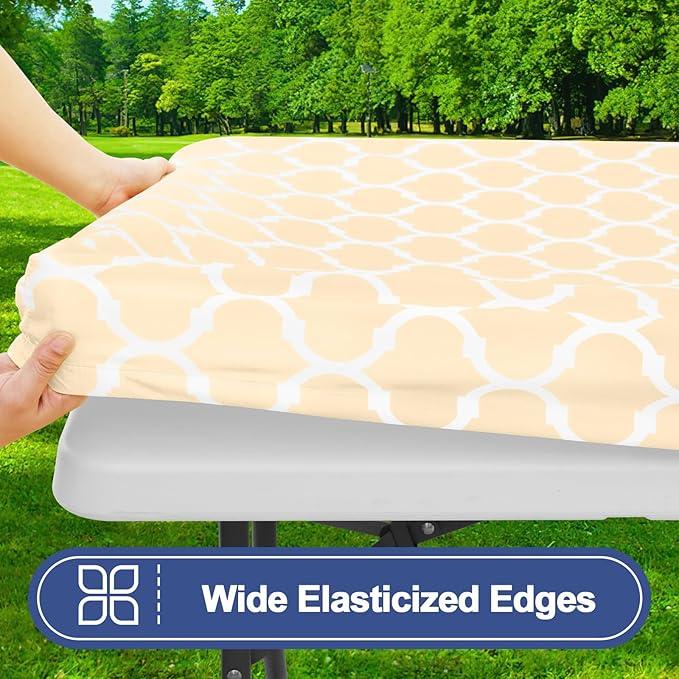 Smiry Picnic Table Cover with Bench Covers, Waterproof Elastic Fitted Tablecloth for 5 Foot Tables, Washable Polyester Tablecloths for Camping, Indoor & Outdoor (Beige, 30x60 Inch 3-pc Set)