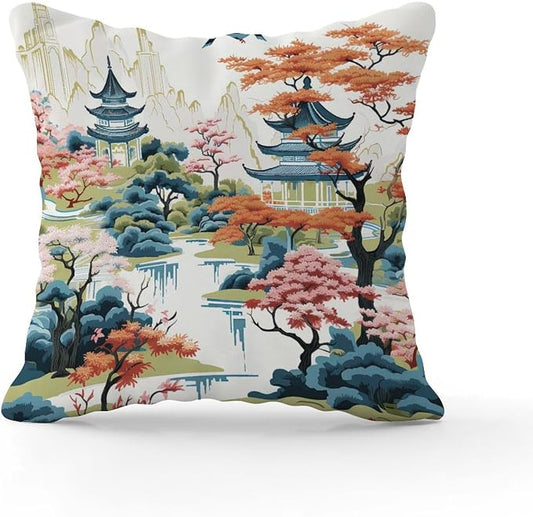 Throw Pillow Covers Chinoiserie Pagoda White Coral Blue Pillow Covers Rustic Chinoiserie Chic Asian Pillow Cover Accent Outdoor Garden Decoration for Sofa Bed Chair Car 16x16 in