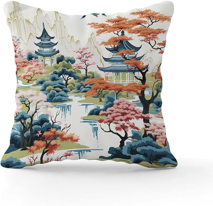 Chinoiserie Pagoda White Coral Blue Throw Pillow Covers Chinoiserie Chic Asian Throw Pillow Cover Classic Outdoor Garden Decoration for Patio Garden Sofa Chairs 20x20 in