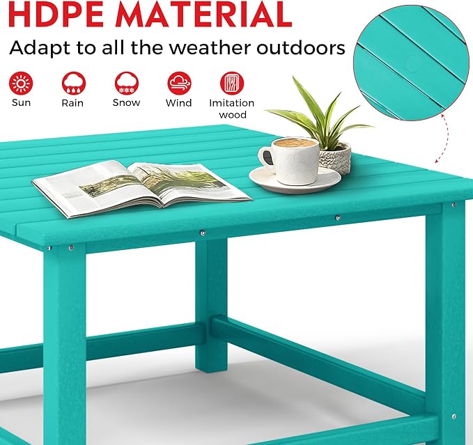 Costaelm Patio Conversation Set, 5 piece Balcony Furniture, Small Patio Firepit Furniture Outdoor Adirondack Square Coffee Table and Chair for Backyard Lawn Porch Pool Garden, Turquoise