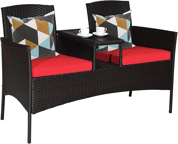 Tangkula Outdoor Rattan Loveseat, Patio Conversation Set with Cushions & Table, Modern Patented Wicker Sofa Set with Built-in Coffee Table, Rattan Sofas for Garden Lawn Backyard